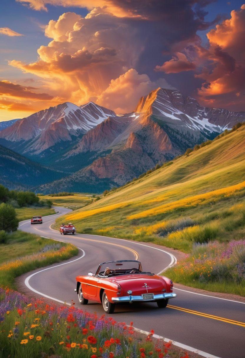 A stunning landscape of Colorado with winding roads, dotted with couples in vintage cars enjoying a romantic road trip. Majestic mountains in the background, and vibrant wildflowers lining the roadside. A sunset casting a warm glow over the scene, encapsulating the essence of romance and adventure. Whimsical elements like heart-shaped clouds and playful wildlife enhance the charm. super-realistic. vibrant colors.