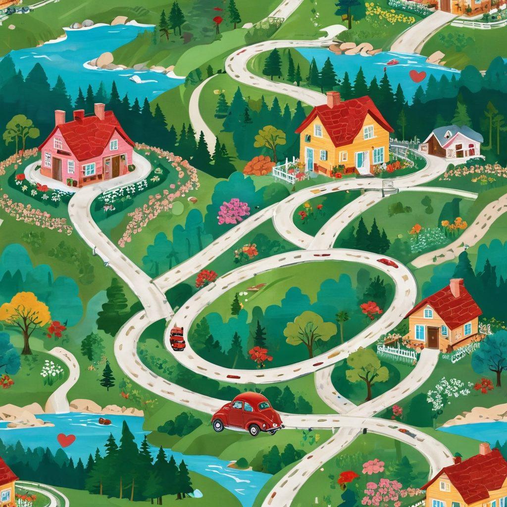 A romantic road map featuring winding roads with heart-shaped paths leading to picturesque destinations, surrounded by vibrant landscapes of rolling hills and cozy cabins. Include elements like vintage cars, couples enjoying scenic picnic spots, and playful icons of love, such as hearts and roses, placed along the route. super-realistic. vibrant colors. whimsical elements.