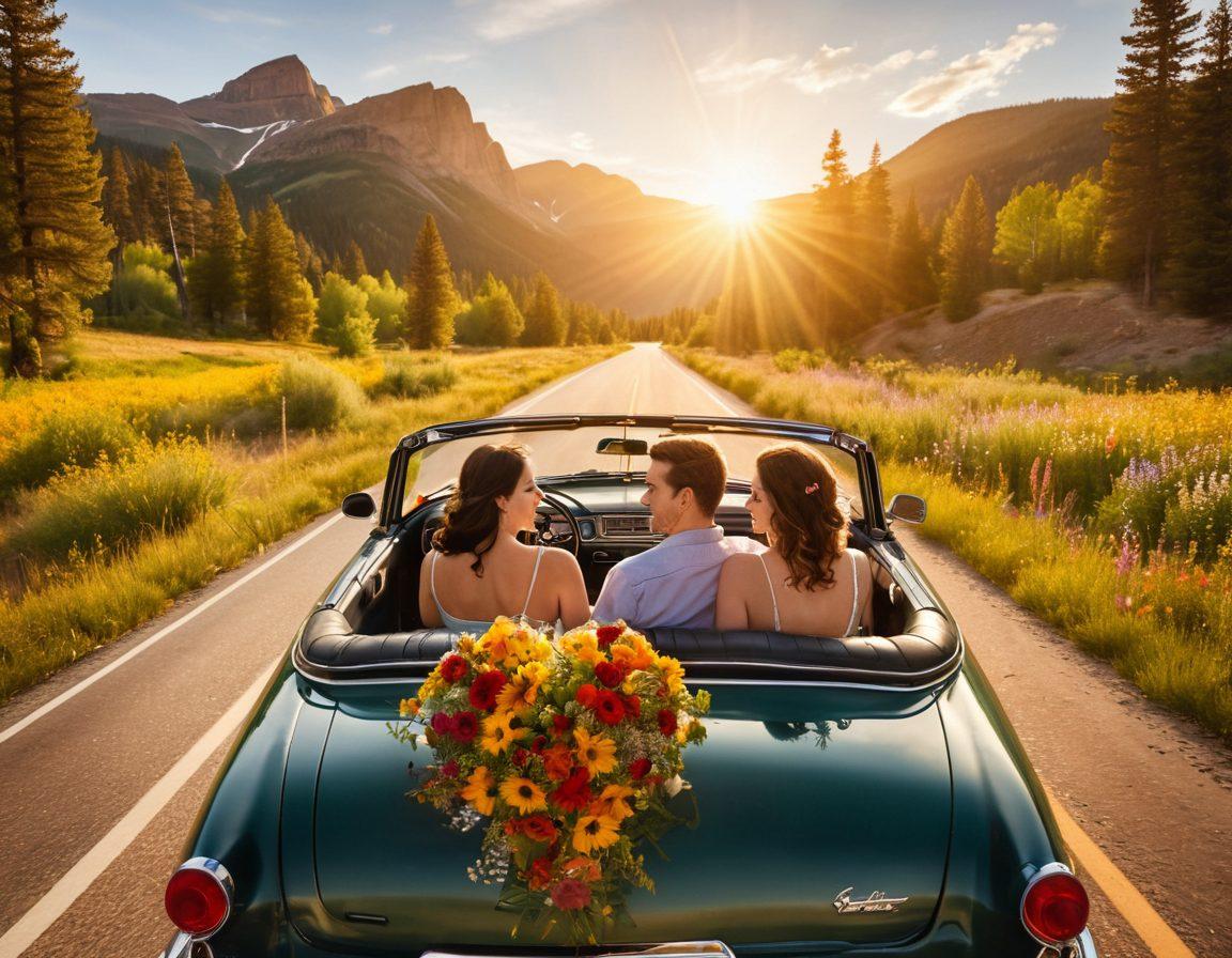 A romantic couple in a vintage convertible driving along a scenic Colorado highway, surrounded by stunning mountains, lush forests, and colorful wildflowers. The car is adorned with a heart-shaped bouquet on the hood, symbolizing love and adventure. A beautiful sunset casts warm golden hues over the landscape, creating an enchanting atmosphere. Super-realistic. vibrant colors. wide angle.